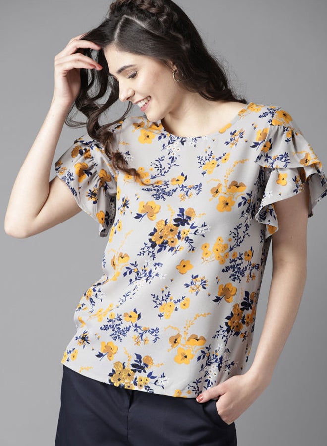 HERE&NOW Floral Printed Round Neck Ruffle Sleeves Regular Fit Top Grey - Image 1