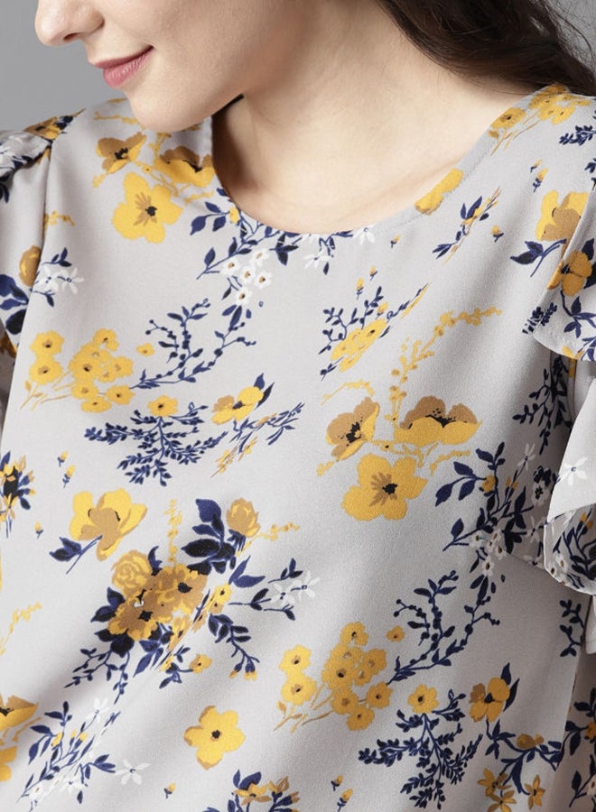 HERE&NOW Floral Printed Round Neck Ruffle Sleeves Regular Fit Top Grey - Image 4