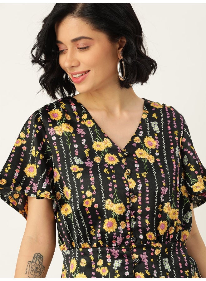 Floral Printed Flared Sleeves A-Line Top Raining Bloom