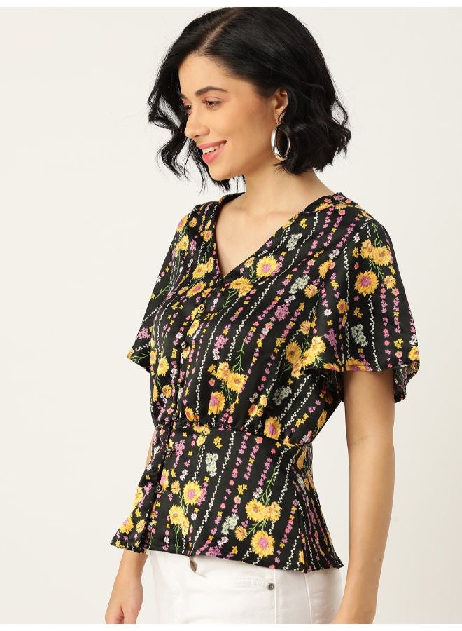 Floral Printed Flared Sleeves A-Line Top Raining Bloom