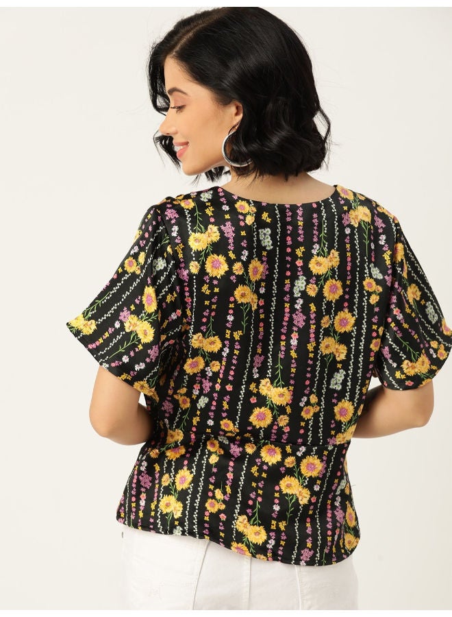 Floral Printed Flared Sleeves A-Line Top Raining Bloom