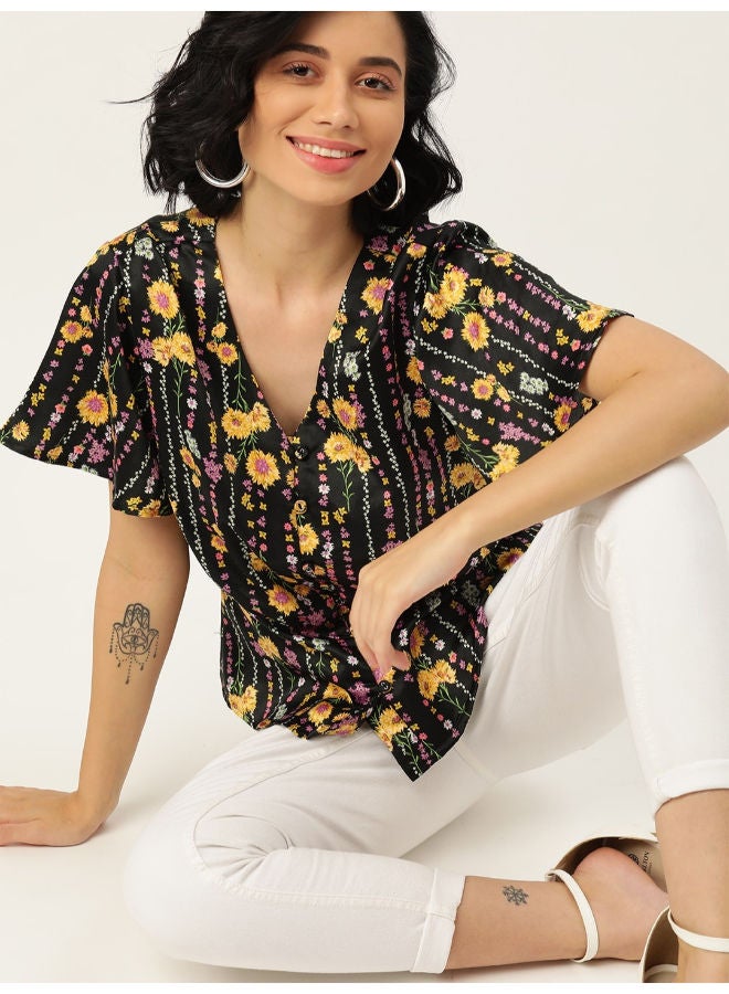 Floral Printed Flared Sleeves A-Line Top Raining Bloom