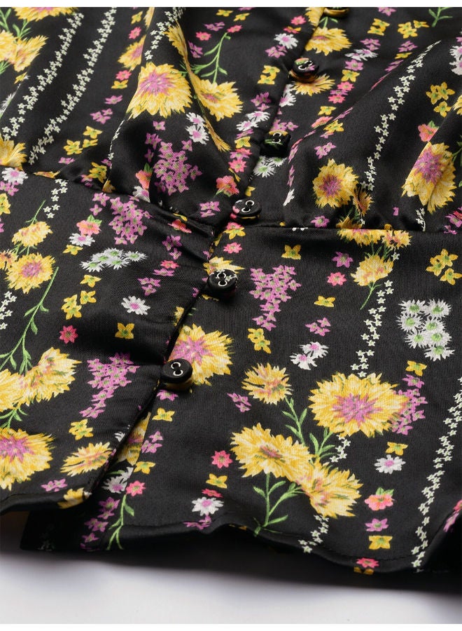 Floral Printed Flared Sleeves A-Line Top Raining Bloom