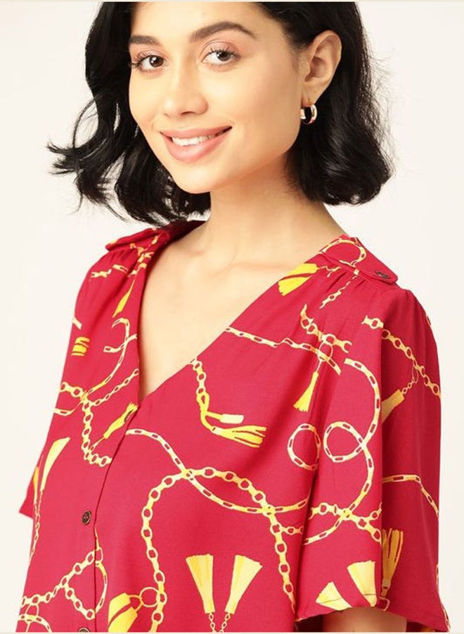 DressBerry Printed Stylish Casual Top Chains and Tassels (Pink)  - Image 3
