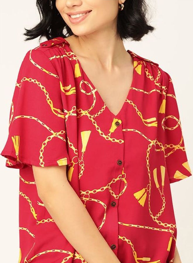 DressBerry Printed Stylish Casual Top Chains and Tassels (Pink)  - Image 1