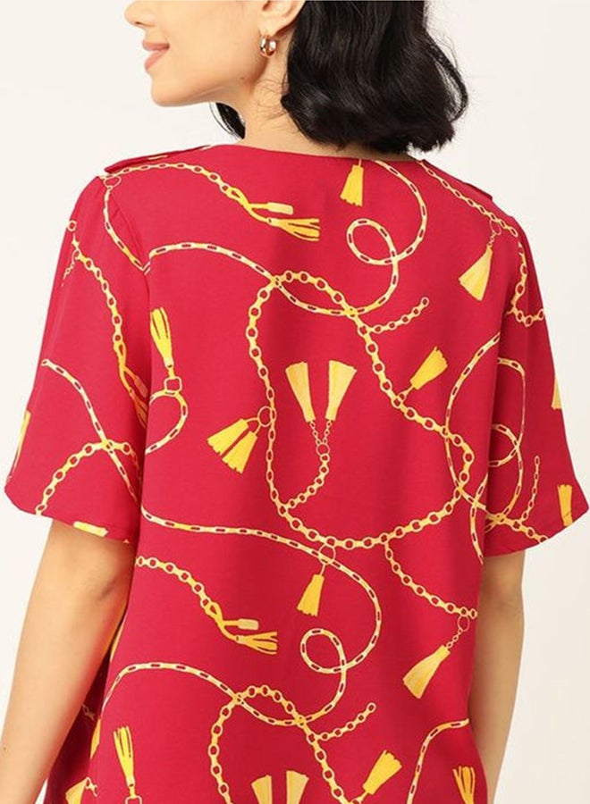 DressBerry Printed Stylish Casual Top Chains and Tassels (Pink)  - Image 2