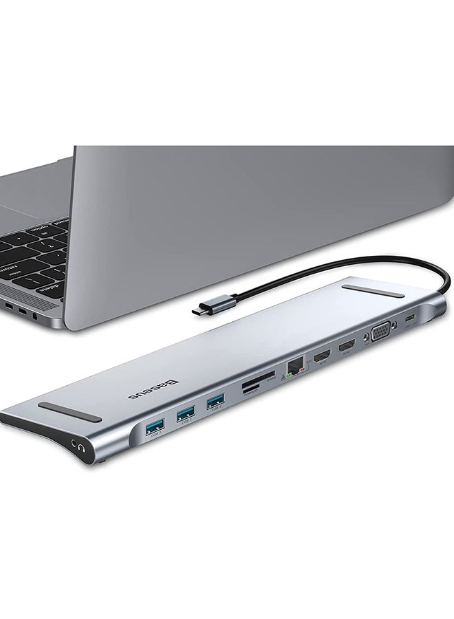 بيسوس - قاعدة شحن 11 في 1 بتصميم محول موزع لمنافذ USB C، بمنفذي HDMI بجودة 4K و3 منافذ USB 3.0، ومصدر طاقة بمنفذ Type-C، ومنفذ VGA، ومنفذ لقارئ بطاقة SD/ ‏TF، وإيثرنت، ومنفذ صوت مقاس 3.5 مم للابتوب ماك بوك برو/ آير والأجهزة بمنفذ Type C رمادي داكن - Image 1
