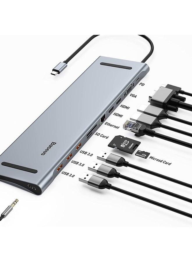 بيسوس - قاعدة شحن 11 في 1 بتصميم محول موزع لمنافذ USB C، بمنفذي HDMI بجودة 4K و3 منافذ USB 3.0، ومصدر طاقة بمنفذ Type-C، ومنفذ VGA، ومنفذ لقارئ بطاقة SD/ ‏TF، وإيثرنت، ومنفذ صوت مقاس 3.5 مم للابتوب ماك بوك برو/ آير والأجهزة بمنفذ Type C رمادي داكن - Image 1