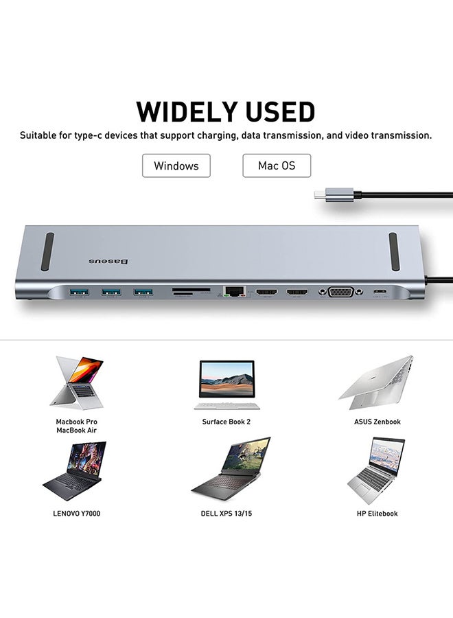بيسوس - قاعدة شحن 11 في 1 بتصميم محول موزع لمنافذ USB C، بمنفذي HDMI بجودة 4K و3 منافذ USB 3.0، ومصدر طاقة بمنفذ Type-C، ومنفذ VGA، ومنفذ لقارئ بطاقة SD/ ‏TF، وإيثرنت، ومنفذ صوت مقاس 3.5 مم للابتوب ماك بوك برو/ آير والأجهزة بمنفذ Type C رمادي داكن - Image 1