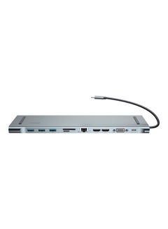 قاعدة شحن 11 في 1 بتصميم محول موزع لمنافذ USB C، بمنفذي HDMI بجودة 4K و3 منافذ USB 3.0، ومصدر طاقة بمنفذ Type-C، ومنفذ VGA، ومنفذ لقارئ بطاقة SD/ ‏TF، وإيثرنت، ومنفذ صوت مقاس 3.5 مم للابتوب ماك بوك برو/ آير والأجهزة بمنفذ Type C رمادي داكن