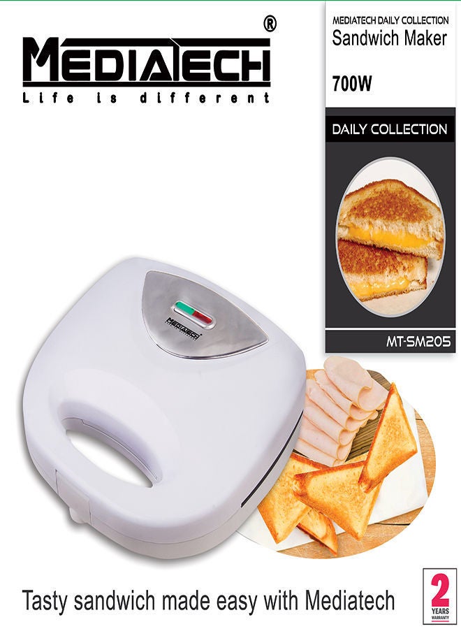Media Tech Sandwich Maker, Double-Sided Heating, Easy-Clean Non-Stick Coating ,Portable and safe 700 W MT-205-W White - Image 2