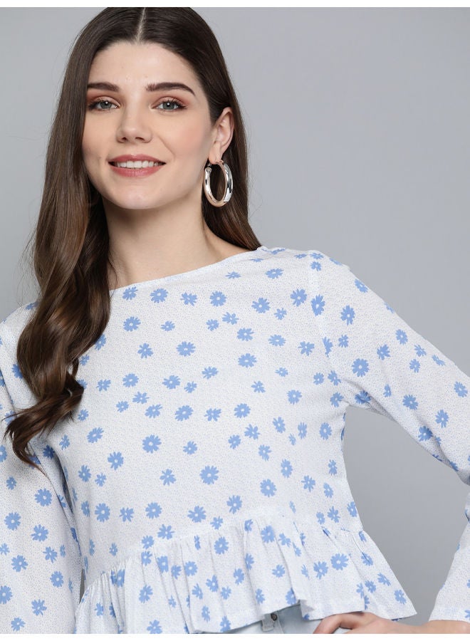 Mast & Harbour - Fashionable Floral Printed Boat Neck Casual Top White/Blue - Image 1