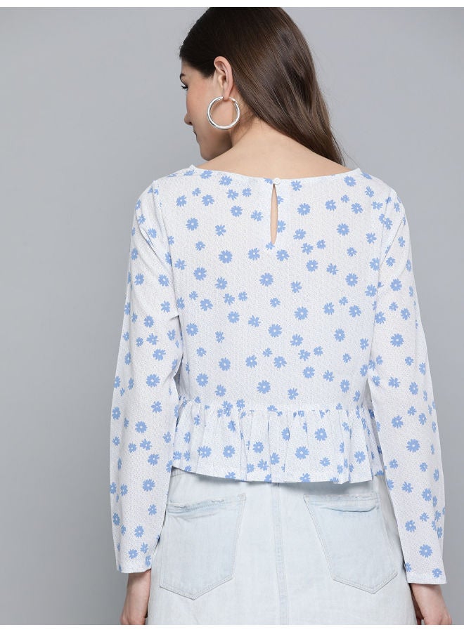 Mast & Harbour - Fashionable Floral Printed Boat Neck Casual Top White/Blue - Image 1