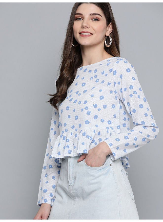 Mast & Harbour - Fashionable Floral Printed Boat Neck Casual Top White/Blue - Image 1