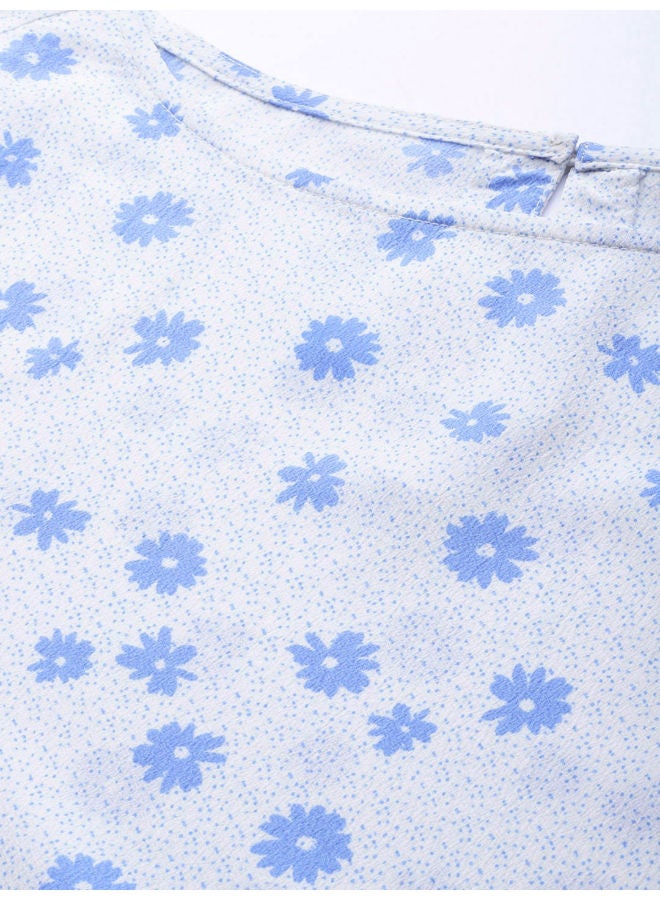 Mast & Harbour - Fashionable Floral Printed Boat Neck Casual Top White/Blue - Image 1