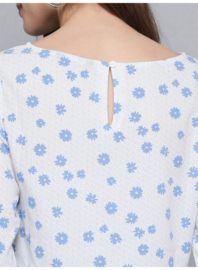 Mast & Harbour - Fashionable Floral Printed Boat Neck Casual Top White/Blue - Image 1