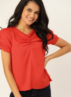 Plain Polyester Short Sleeve V-Neck Comfortable Top Red