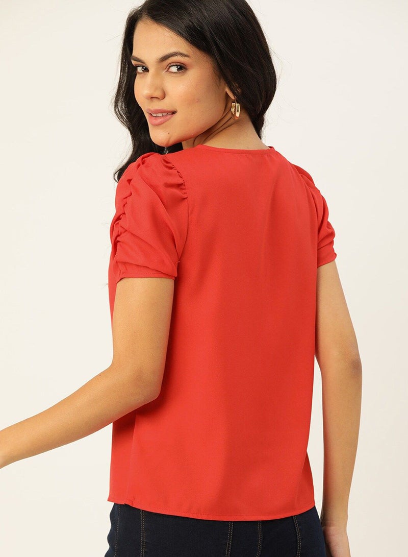 DressBerry - Plain Polyester Short Sleeve V-Neck Comfortable Top Red - Image 1