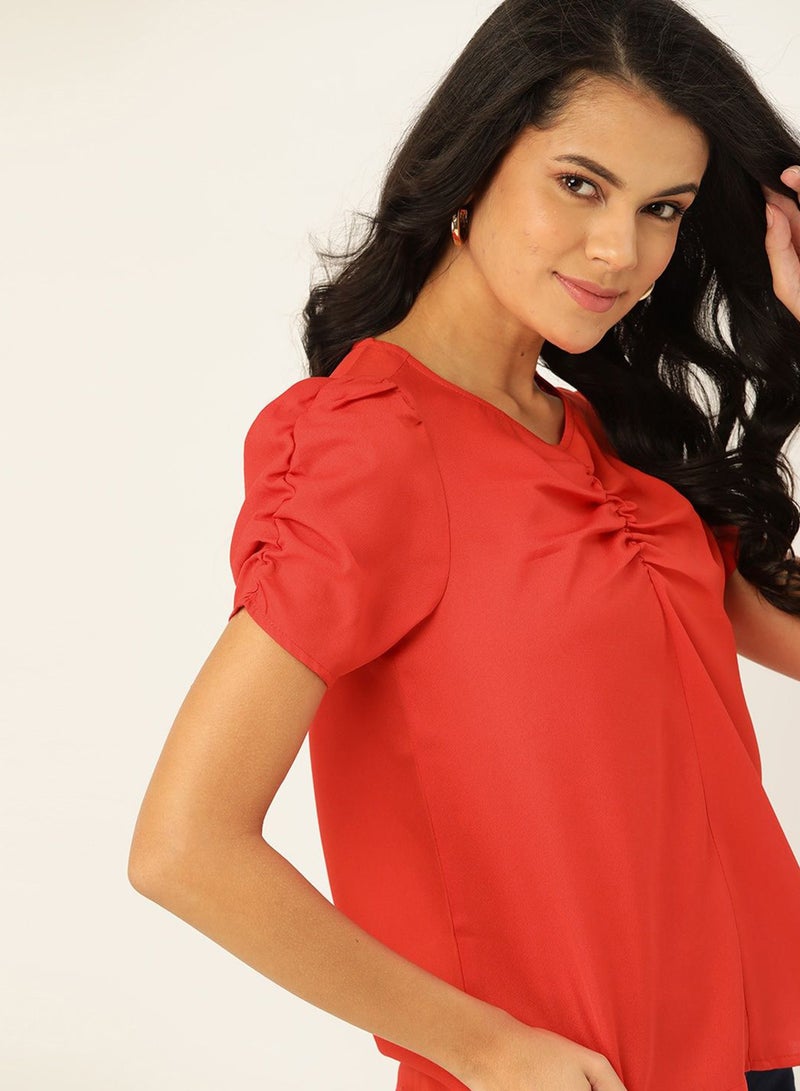 DressBerry - Plain Polyester Short Sleeve V-Neck Comfortable Top Red - Image 1