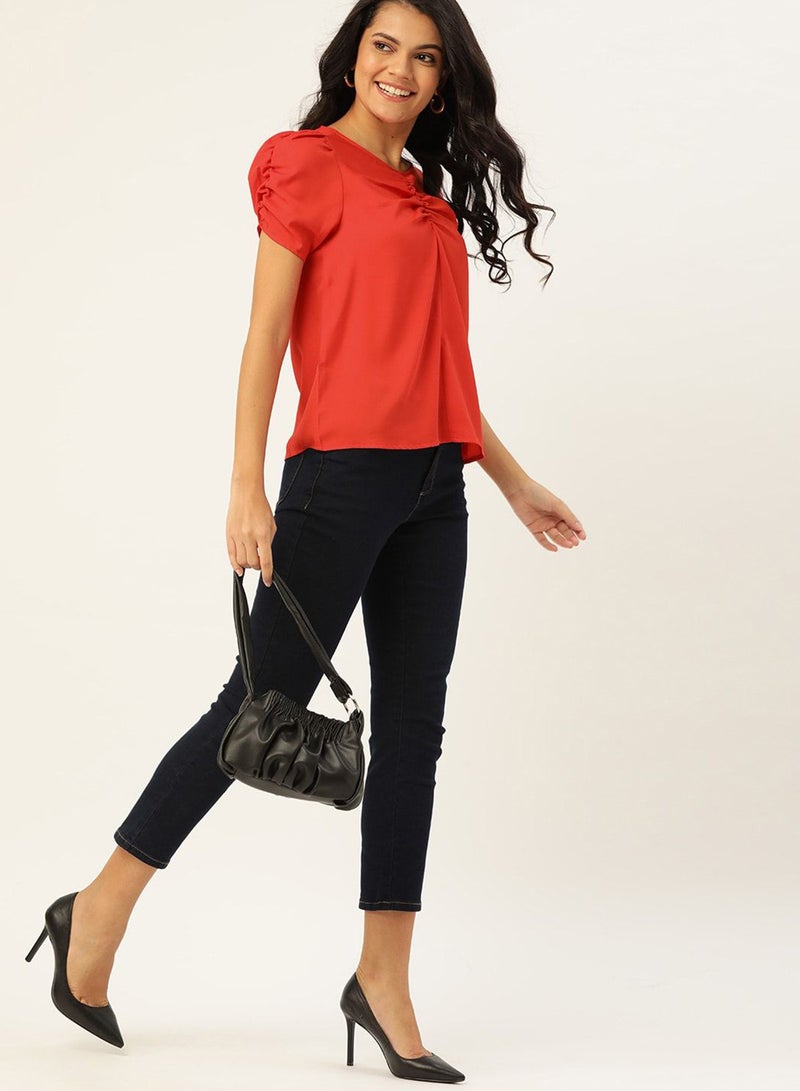 DressBerry - Plain Polyester Short Sleeve V-Neck Comfortable Top Red - Image 1