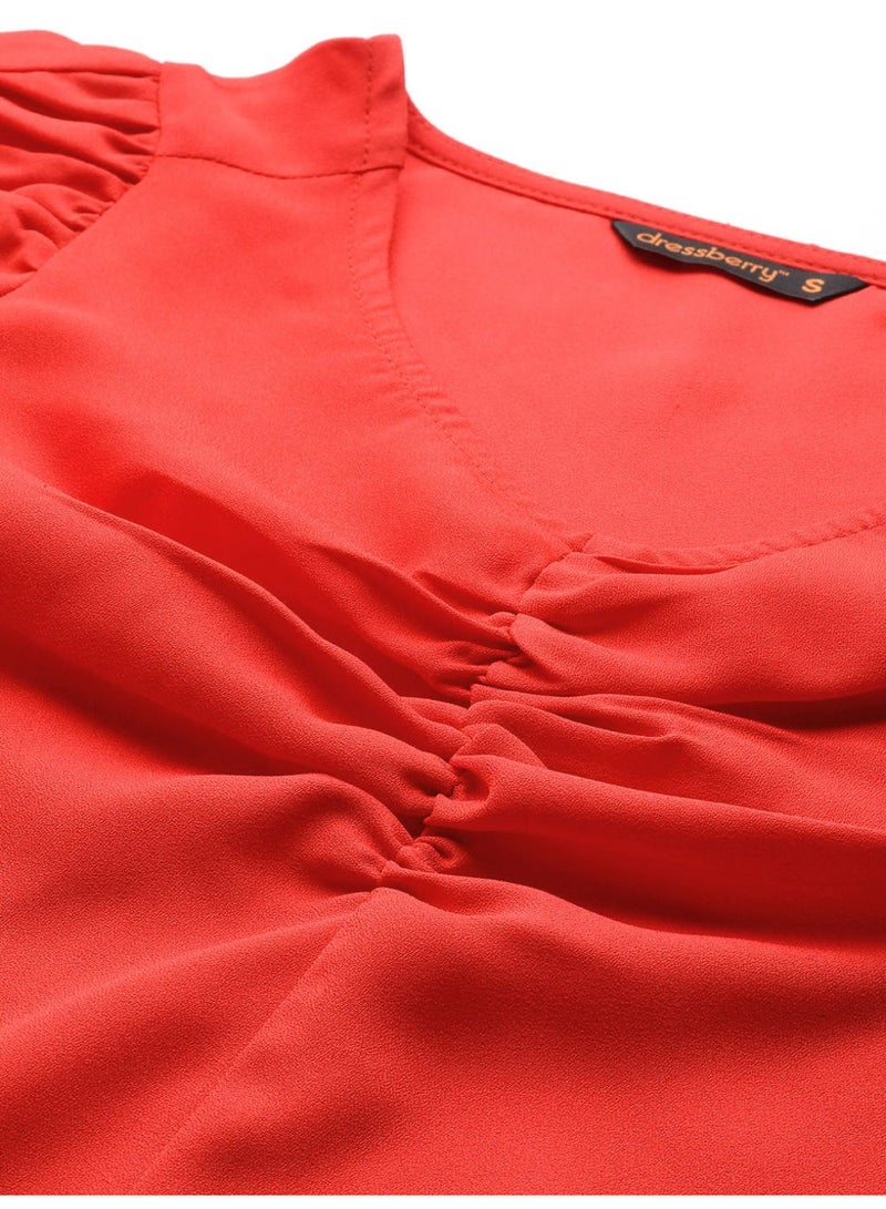 DressBerry - Plain Polyester Short Sleeve V-Neck Comfortable Top Red - Image 1