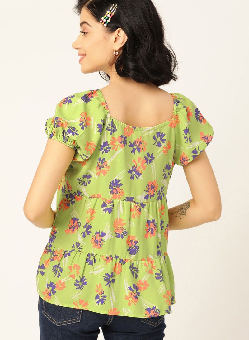 DressBerry Floral Print Puff Sleeves Tie A-Line Top Green  - Image 2