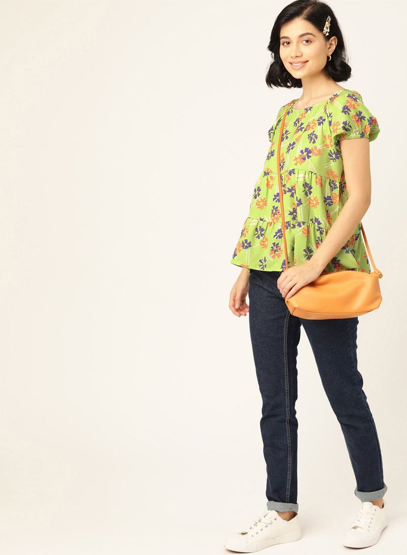 DressBerry Floral Print Puff Sleeves Tie A-Line Top Green  - Image 4