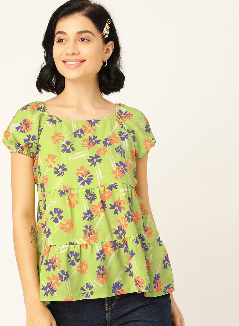 DressBerry Floral Print Puff Sleeves Tie A-Line Top Green  - Image 1