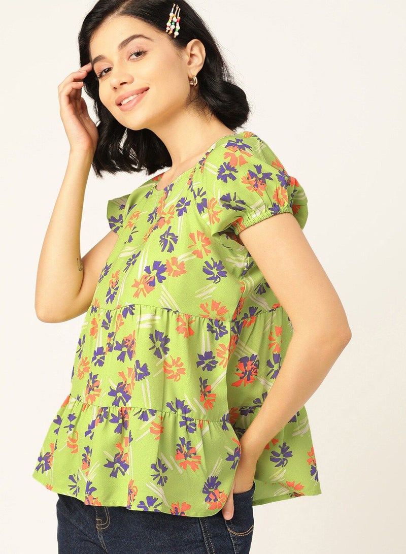 DressBerry Floral Print Puff Sleeves Tie A-Line Top Green  - Image 3