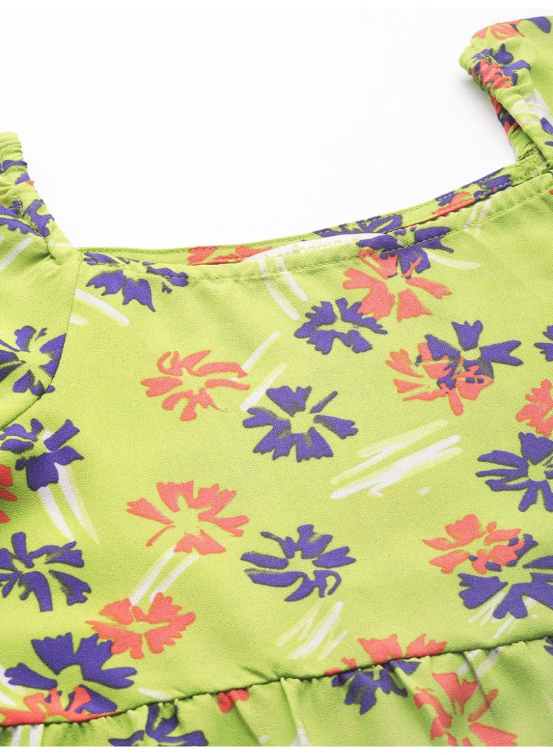 DressBerry Floral Print Puff Sleeves Tie A-Line Top Green  - Image 5