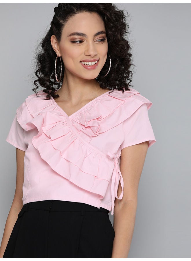 Plain Ruffled Detail V-Neck Short Sleeve Crop Top Pink - v1655473738/N47555146V_1