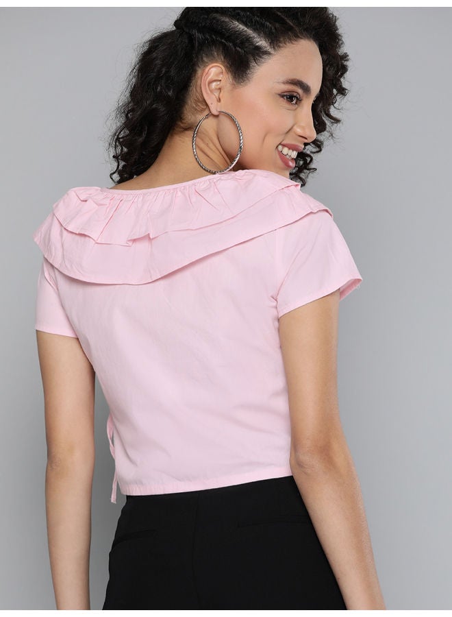 Plain Ruffled Detail V-Neck Short Sleeve Crop Top Pink - v1655473739/N47555146V_2