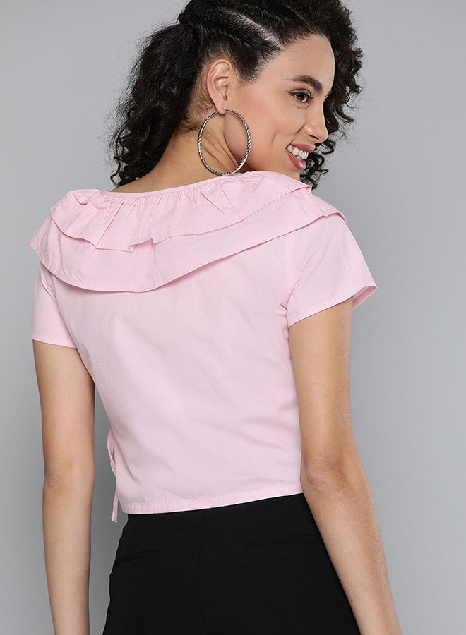 Plain Ruffled Detail V-Neck Short Sleeve Crop Top Pink - v1655473740/N47555146V_6