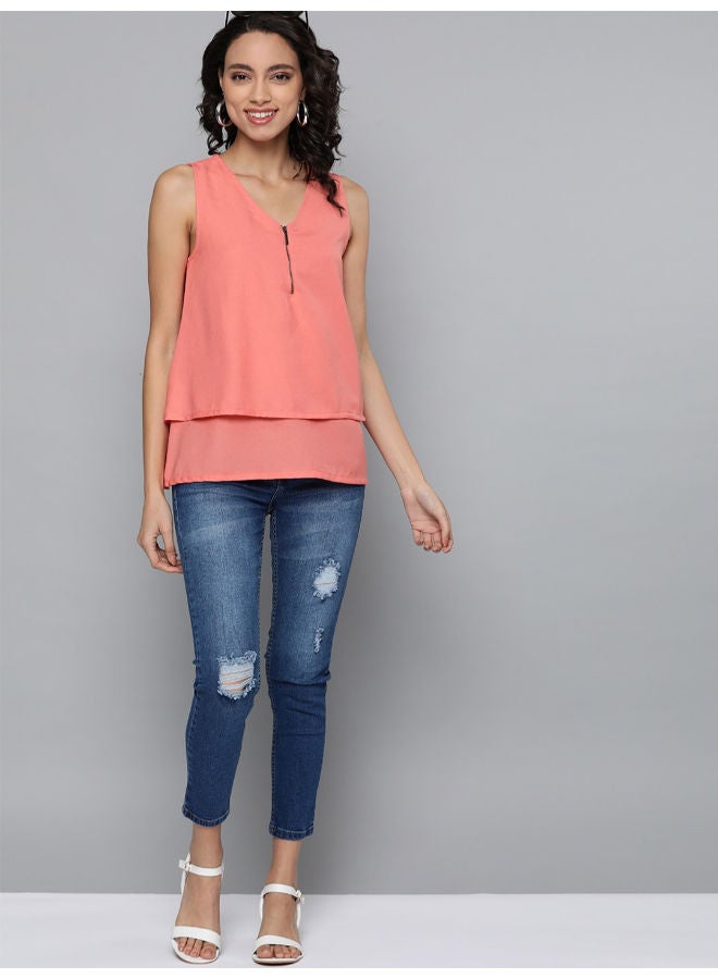 HERE&NOW Sleeveless V-Neck Layered A-Line Plain Regular Fit Top Tea Rose  - Image 4