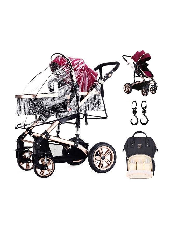 3 In 1 Pram Stroller With Sunveno Diaper Bag Black And Hooks - Wine Red