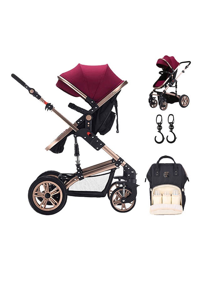 3 In 1 Pram Stroller With Sunveno Diaper Bag Black And Hooks - Wine Red