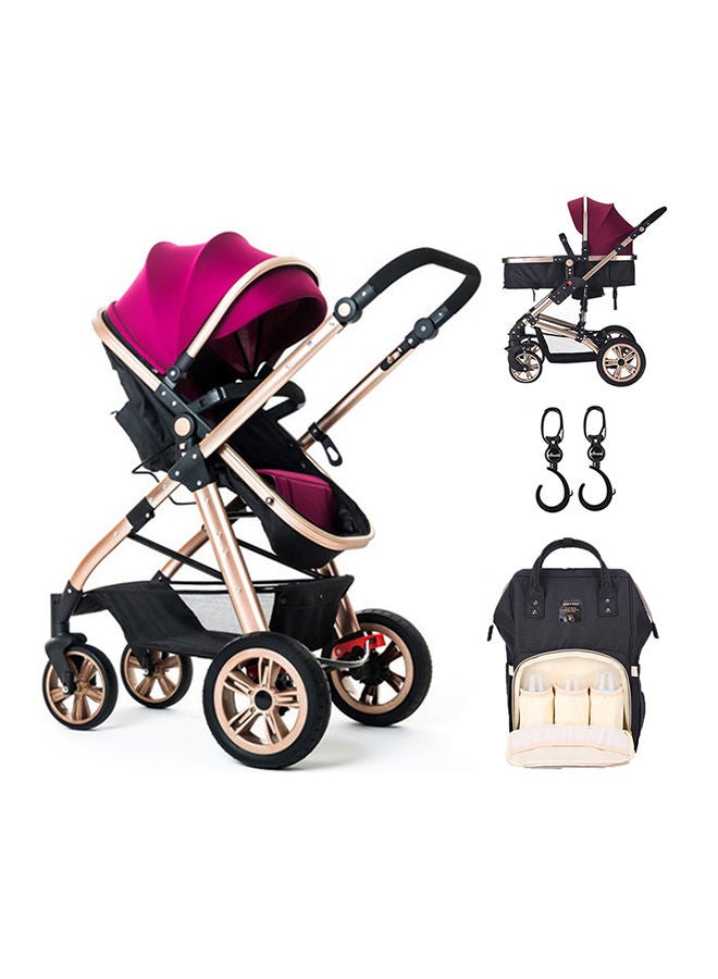 3 In 1 Pram Stroller With Sunveno Diaper Bag Black And Hooks - Wine Red