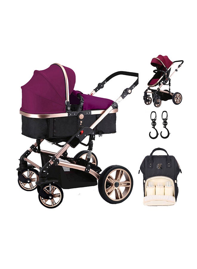 3 In 1 Pram Stroller With Sunveno Diaper Bag Black And Hooks - Wine Red