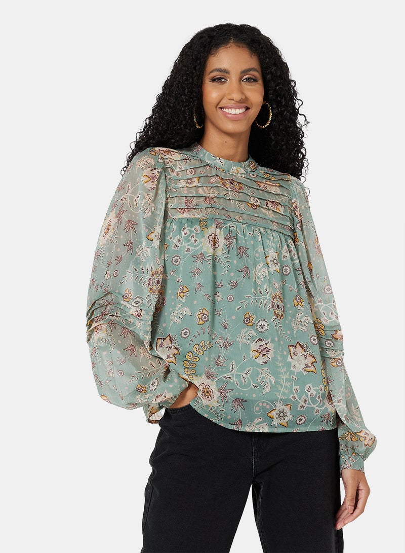 I.Scenery - Floral Pleated Blouse Green - Image 1