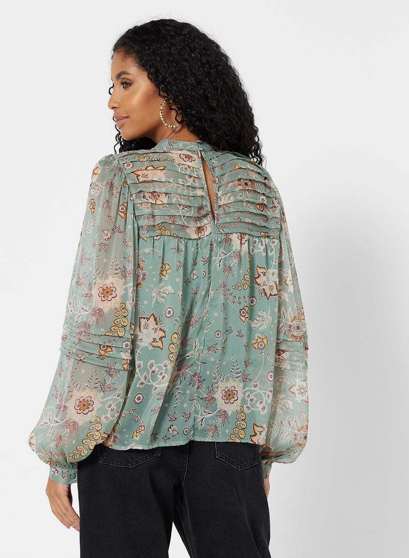 I.Scenery - Floral Pleated Blouse Green - Image 1