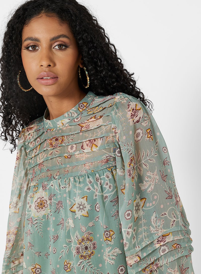 I.Scenery - Floral Pleated Blouse Green - Image 1