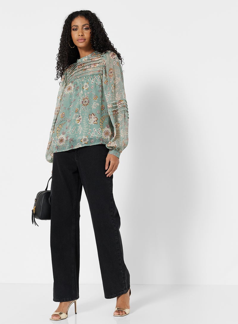 I.Scenery - Floral Pleated Blouse Green - Image 1