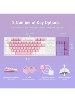 REDRAGON Redragon K611 Dual Color Keys Mechanical Gaming Keyboard Single White LED + RGB Side Edge Backlit 87 Key Tenkeyless Wired Computer Keyboard with Blue Switches for Windows PC (Pink + White)  - Image 4