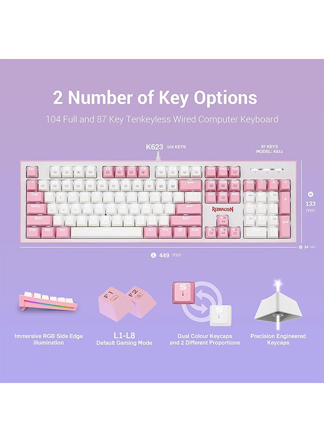 REDRAGON Redragon K623 HADES Dual Color Keys Mechanical Gaming Keyboard Single White LED + RGB Side Edge Backlit 104 Key Wired Computer Keyboard with Blue Switches for Windows PC || (White + Pink)  - Image 3