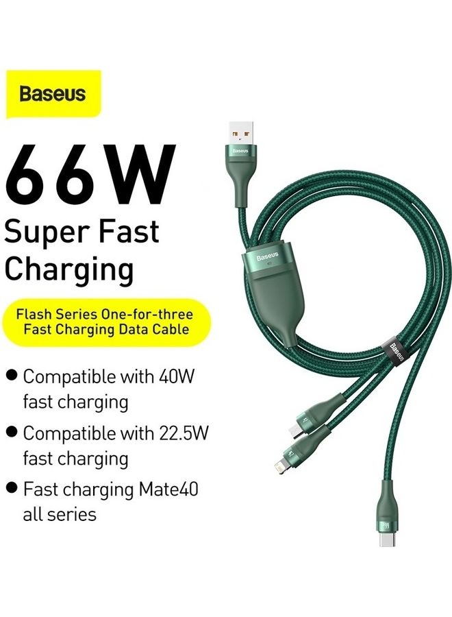 بيسوس كابل USB للشحن السريع 3 في 1 Type C وبقدرة 66 وات، كابل لايتننج بشدة تيار 2.4 أمبير ومايكرو بشدة تيار 2 أمبير، نقل البيانات من سلسلة فلاش،  بطول 1.2 متر لسلسلة أبل 14/13/12/11 وماك بوك وآي باد وشاومي وسامسونج وهواوي والمزيد أخضر - Image 2
