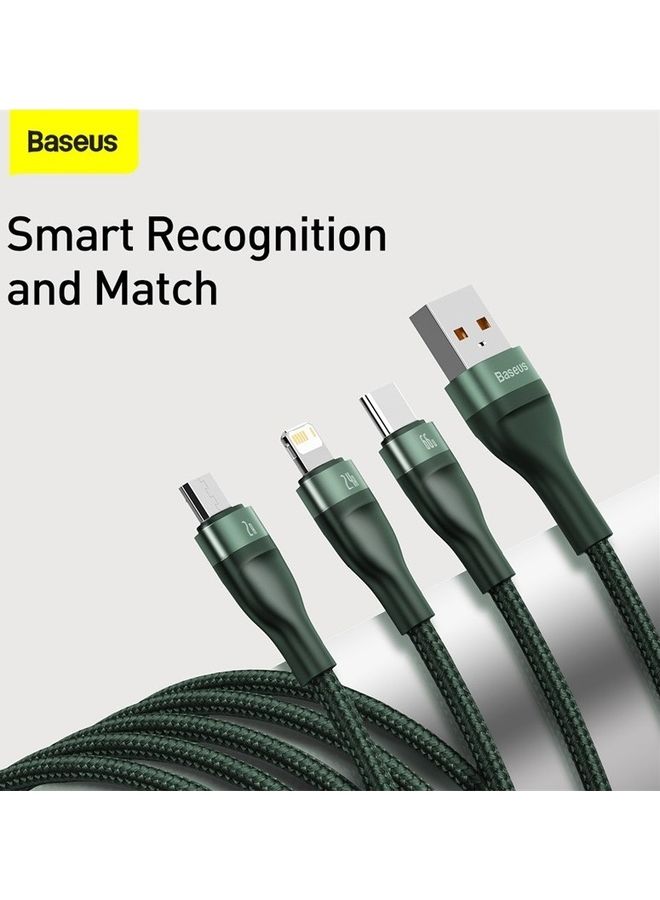 بيسوس كابل USB للشحن السريع 3 في 1 Type C وبقدرة 66 وات، كابل لايتننج بشدة تيار 2.4 أمبير ومايكرو بشدة تيار 2 أمبير، نقل البيانات من سلسلة فلاش،  بطول 1.2 متر لسلسلة أبل 14/13/12/11 وماك بوك وآي باد وشاومي وسامسونج وهواوي والمزيد أخضر - Image 4