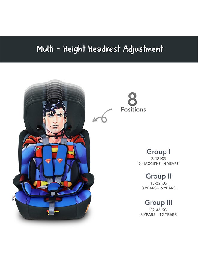DC Comics - 3-In-1 Superman Baby/Kids Car Seat + Booster Seat, Suitable from 9 months to 12 years, Upto 36kg - Image 1