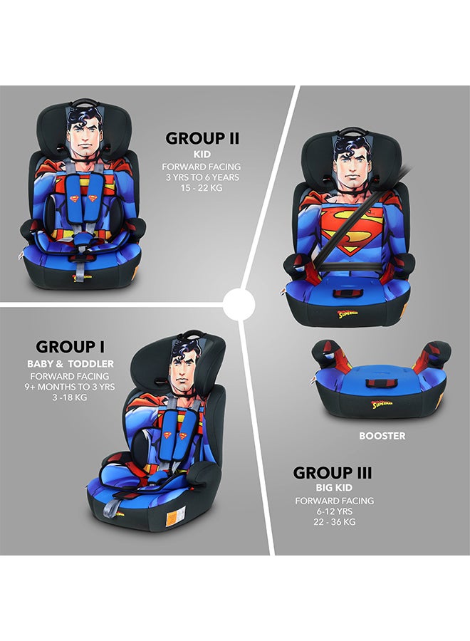 DC Comics - 3-In-1 Superman Baby/Kids Car Seat + Booster Seat, Suitable from 9 months to 12 years, Upto 36kg - Image 1