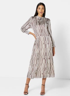 GHOSPELL Overlap Lines Pleated Dress Brown  - Image 2
