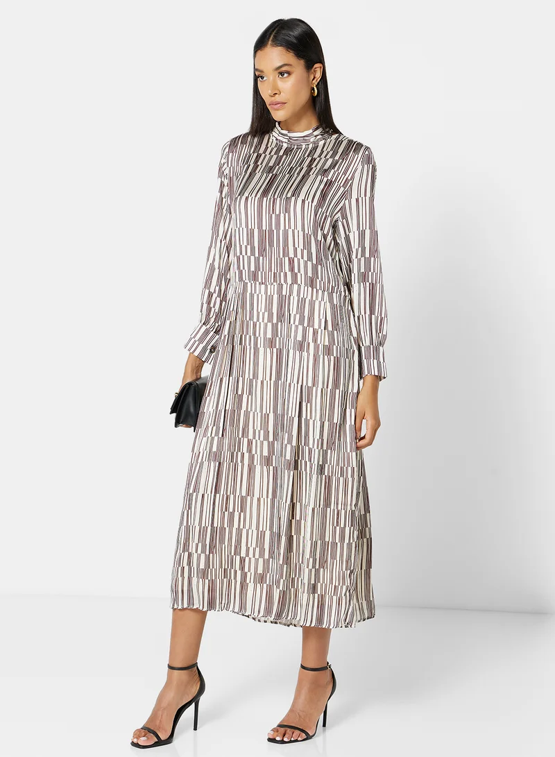 GHOSPELL Overlap Lines Pleated Dress Brown